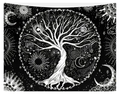 Produktbild von Wandteppich Lebensbaum, 150x130cm Sonne Mond, schwarzes Wandbehang für Schlafzimmer und Wohnzimmer Dekor
