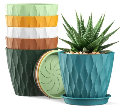 Immagine prodotto di Set di 6 vasi da fiori da 12 cm, colorati, con motivo a waffle e sottovasi in plastica