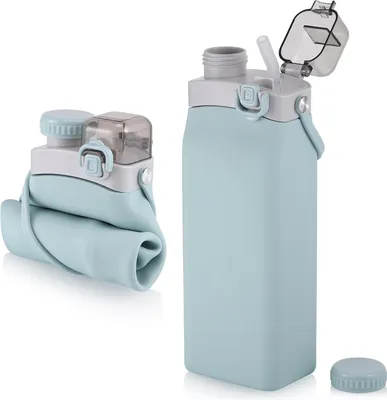 Produktbild von Faltbare Wasserflasche 600 ml - Silikon-Wasserflasche mit Strohhalm - Fahrradflasche - hitzebeständig - weiche Wasserflasche - auslaufsicher - für draußen - Laufen - Camping - blau