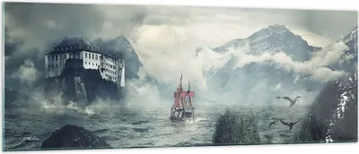 Produktbild von Bilder auf glas - Einteilig - Sturm Berge Segelschiff - 140x50cm - Glasbilder - Wandbilder - Bilder - zum Aufhängen bereit - Wanddekoration aus Glas - Glas Bilder - Wandbild auf Glas - GAB140x50-4208