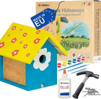 Produktbild von ITA DIY Nistkasten zum Zusammenbauen und Bemalen Flyway - Vogelhaus Komplett Bausatz mit Hammer, Nägeln, Farben zum Bauen und Malen für Kinder - Bastelset für Jungen & Mädchen - Vogelhäuschen