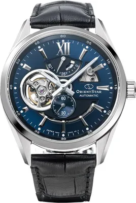 A close-up studio shot of a men's wristwatch with a blue dial and a black leather strap.