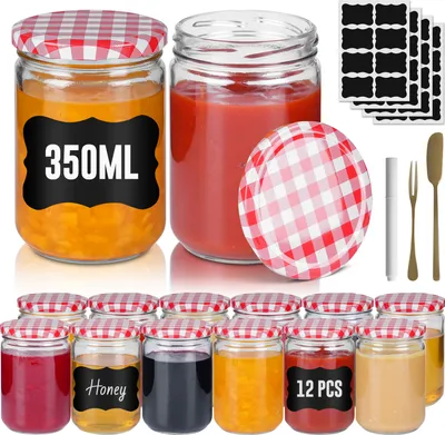 Produktbild von LARS360 Quadratische Marmeladengläser 12er Set mit Rot-Weiß Kariertem Deckel – 350ml Glas Vorratsdosen, mit Etiketten, Kreidestift und Obstmesser