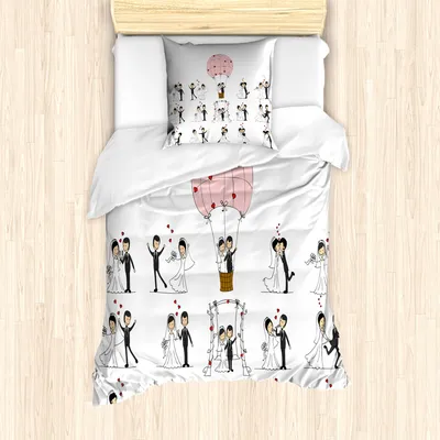 Produktbild von ABAKUHAUS Hochzeit Mantele, Braut-Bräutigam-Cartoon, Milbensicher Allergiker geeignet mit Kissenbezügen, 135 cm x 200 cm - 80 x 80 cm, Weiß-Schwarz-Rosa