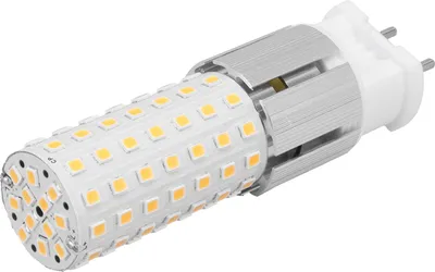 A single LED light bulb with a G12 base, showing its many LED lights and metallic heatsink.