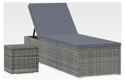 Produktbild von Sonnenliege mit Kissen und Teetisch aus Polyrattan, Grau
