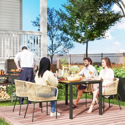 Produktbild von Polyrattan Gartenmöbel Set 5-teilig, Sitzgruppe mit Akazienholz-Tisch, Lounge-Set Balkon, Khaki | 4 Stühle + Tisch | Stahlgestell