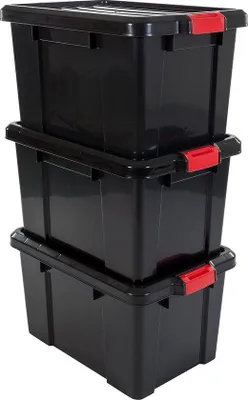 Image de Boîtes de rangement avec fermeture à clip - 50L - Set de 3 - Empilables - Nestables - Sans BPA - Noir