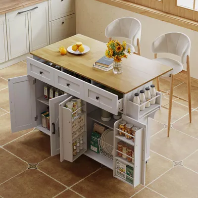 Produktbild von okwish Kücheninsel Küchenschrank mit Scheunenstil-Design,küchenwagen mit klappbarer Arbeitsplatte und Türregal,mit feststellbaren Rollen und doppelseitigen Handtuchhaltern,Weiß