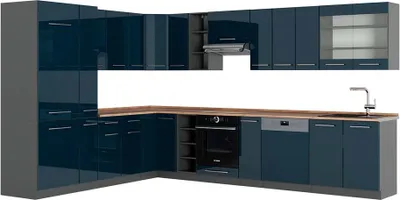 Produktbild von Eckküche Vicco Fame-Line Dunkelblau Hochglanz/Anthrazit 347 x 60 cm , AP Eiche, Model 49749