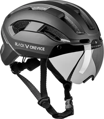Produktbild von Black Crevice Fahrradhelm, Schwarz, S/M (54-58 cm), Visier, herausnehmbare antibakterielle und waschbare Polsterung, herausnehmbares LED-Rücklicht inkl. Ladekabel, 3D Fit System, optimale Belüftung, EN 1078:2012 + A1:2012, City, Unisex, Polycarbonat-Schale mit EPS-Schaum, Inmould Technologie, ca. 350 g