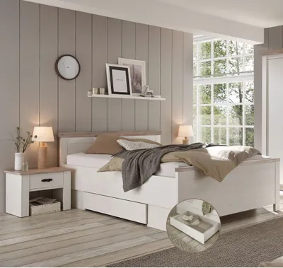 Produktbild von Schlafzimmer Kombination mit Liegefläche 140x200 cm FERNA-61 inkl. Bettschubkasten, Pinie weiß Nb. mit Pinie dunkel Nb., B/H/T: ca. 291/86/208 cm