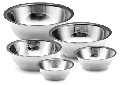 Produktbild von Rührschüsseln mit Skala, Edelstahl-Rührschüssel-Set, stapelbar, 5-teilig