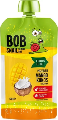 Obrázok produktu pre OVOCIE NA TO MANGO MUS - KOKOS - CITRÓN BEZ PRIDANÉHO CUKRU 120 g - BOB SLIMÁK