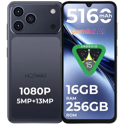 Image de HOTWAV A17 Pro MAX Smartphone 16GB+256GB Android 15 Téléphone sans abonnement 6.75" 5160mAh 4G Dual SIM WiFi 6/Face ID/GPS - Noir