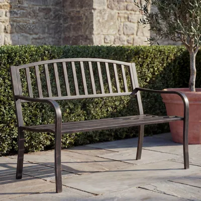 Image de Banc de jardin HWC-F43, banc banc de parc banc, 2 places acier revêtu par poudre ~ bronze vintage