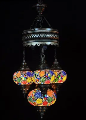 Immagine prodotto di Lampada a sospensione turca a 4 sfere in vetro mosaico dai colori vivaci – lampada da soffitto orientale con 4 sfere in vetro mosaico