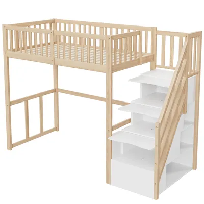 Produktbild von Merax Etagenbett Hochbett 90x200 mit Schreibtisch, Kinderbett mit Treppe mit Stauraum, Spielbett aus Kiefernholz, platzsparend, multifunktional, Natur
