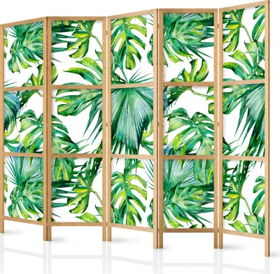 Produktbild von Paravent XXL Monstera Blätter Natur 225x171 cm - 5-teilig - einseitig - eleganter Sichtschutz - Raumteiler - Trennwand - Raumtrenner - Holz - Design Motiv - Deko - Japan b-B-0295-z-c
