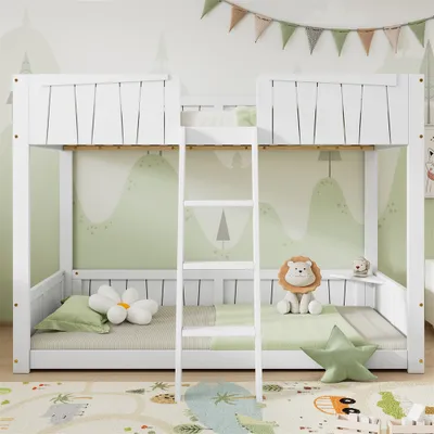 Produktbild von Etagenbett, Kinderbett, mit dreistufiger Leiter, Stabile Lattenroste, Offenes Regal, Design des Sicherheitszauns, Kinderbett mit Holzlatten