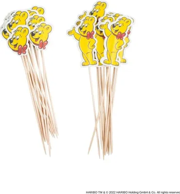 Image de Zenker Haribo Party Picker Set de 24 brochettes pour fingerfood, snacks ou brochettes à fromage cocktail au design Haribo Goldbär