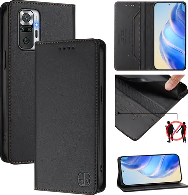 Image de Etui en cuir pour Xiaomi Redmi Note 10 Pro/Note 10 Pro Max, étui à rabat avec fentes pour cartes, portefeuille et support Noir