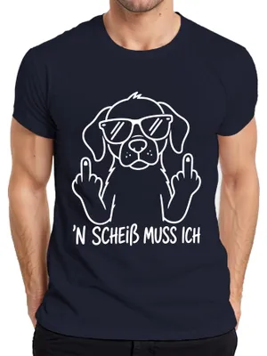 Immagine prodotto di T-shirt da uomo, taglia S, colore blu navy, con scritta "N Scheiß" e immagine di un cane che mostra il dito medio, con tono sarcastico e divertente