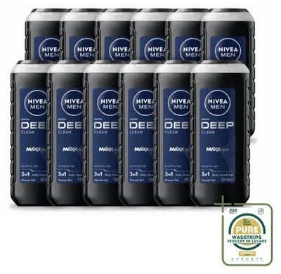 Imagen del producto de 12 unidades de gel de ducha NIVEA MEN Deep Clean 3 en 1 - 500 ml - Paquete de ahorro - 12 piezas