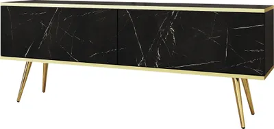 Image de Meuble TV Rodi - Meuble TV avec 2 abattants, pieds - TV Lowboard 135 cm, Salon, PUSH TO OPEN (Marbre + Or)