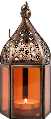 Produktbild von Orientalische Laterne aus Metall & Glas Meena orange 16cm | orientalisches Windlicht | Marokkanische Glaslaterne für innen | Marokkanisches Gartenwindlicht für draußen als Gartenlaterne
