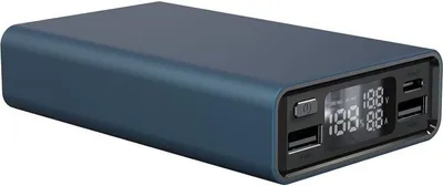 A blue power bank with a digital display showing charging information.