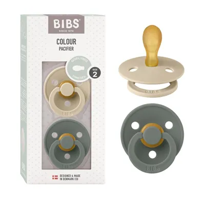 Produktbild von BIBS Colour Symmetrical Schnuller 2er Pack, BPA-frei Dummy-Schnuller, Symmetrischer Nippel. Naturkautschuk / Latex, Hergestellt in Dänemark, Größe 2 (6-18 Monate), Vanilla / Pine