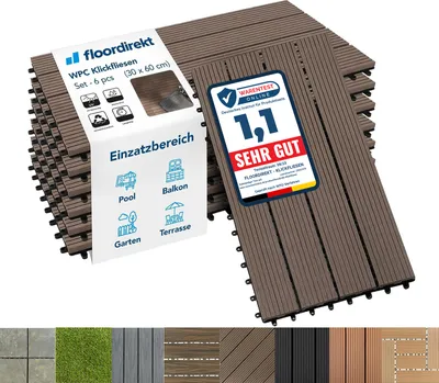 Produktbild von WPC Klickfliesen Terrassenfliesen Royal Dunkelbraun 60x30 cm 6 Stück (1 m²)