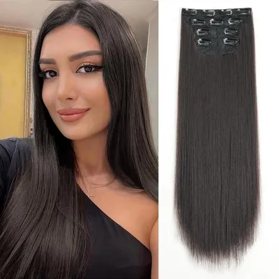Image de Extension de cheveux synthétiques, couleur brun foncé, lisses, 20 pouces (environ 50 cm), lot de 4 pièces