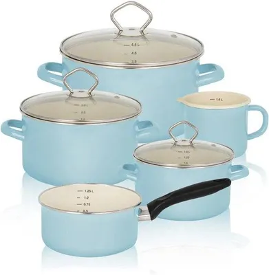 Produktbild von 5-teiliges Emaille-Pfannenset pastellblau mit Deckeln und Milchtopf