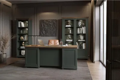 Immagine prodotto di Set ufficio ASSIA verde scuro e legno – Scrivania 180 cm + libreria + vetrina 2 porte in vetro