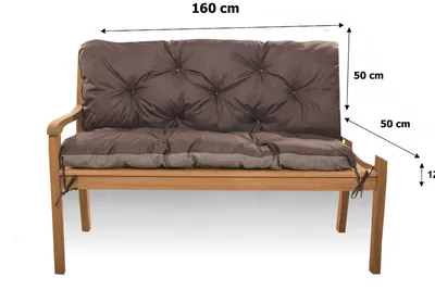 A brown garden bench cushion on a wooden bench, with dimensions indicated by text and arrows.