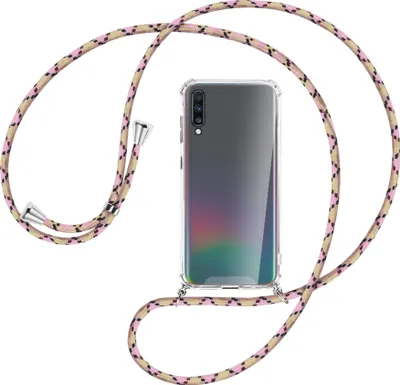 Produktbild von Handykette Backcover-Schutzhülle mit Band (Metall silberfarben) für Samsung Galaxy A70 - rosa Karo