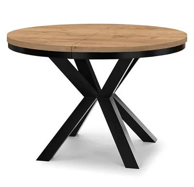 A round wooden table with a black base, photographed against a white background.