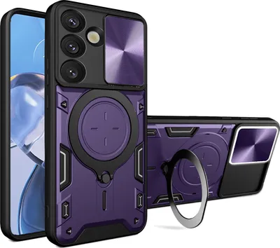 Produktbild von Handyhülle für Samsung Galaxy S25 Dual-Layer Stoßfest Rüstung Hülle mit Dia Kameraschutz und Kreisförmig Ring Ständer Lila