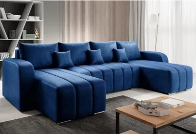 Produktbild von Easy4You Pufetto Velours Marineblau Ecksofa U-Form 320 x 80 x 147 cm mit Schlaffunktion und Bettzeugbehälter - Schlafsofa mit Bettkasten - Eckcouch mit Stauraum – Stoff: MANILA 26