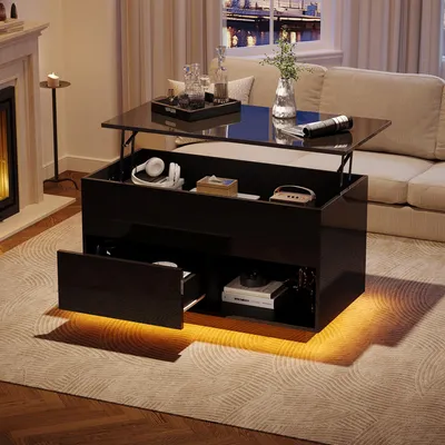 Produktbild von Merax Hochglanz Lift-Top Couchtisch mit LED-Beleuchtung, höhenverstellbare Wohnzimmertisch mit 1 Schublade, Beistelltisch mit Hochglanzeplatte, Schwraz