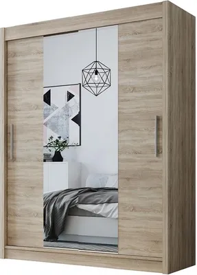 Produktbild von Easy4You D2 150 cm Sonoma Schiebetüren Kleiderschrank 150x200x58 cm mit Spiegel - Schlafzimmermöbel, Aufbewahrung - Mehrzweckschrank