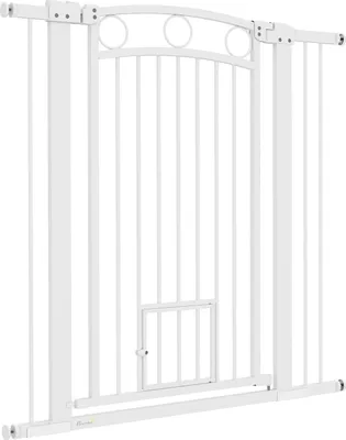 Image de Barrière de sécurité chien, 76-104 cm, barrière sans perçage, barrière d'escalier en acier, barrière d'escalier avec chatière, barrière de protection, barrière de sécurité pour escaliers, porte, couloir, blanche