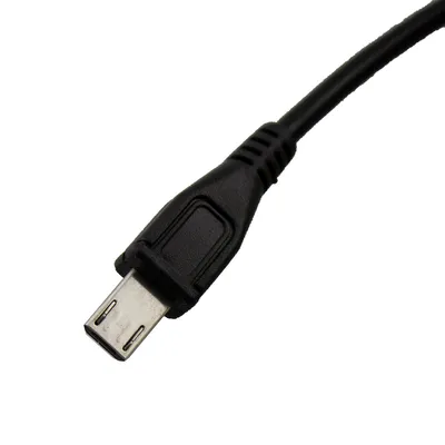 A close-up shot of a black USB cable with a micro USB connector.