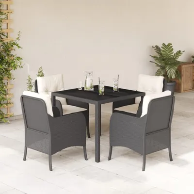 Produktbild von Design 5-tlg. Garten-Essgruppe mit Kissen Schwarz Poly Rattan, Gartenmöbel-Sets 2024 Neu