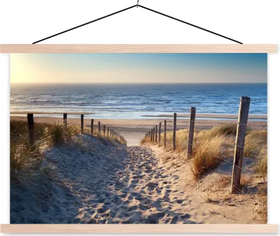 Produktbild von MuchoWow® Textilposter Strand - Meer - Niederlande - Dünen - Sonne 120x80 cm mit holzfarbenen Rahmen - Aufhängeset