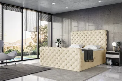 Produktbild von MEBLINI Boxspringbett mit Bettkasten - Gepolstert Doppelbett mit Matratze und Topper - Polsterbett mit Stauraum - Bett mit Kopfteil - Stauraumbett - DUKE - 160x200 - H3/Beige Samt