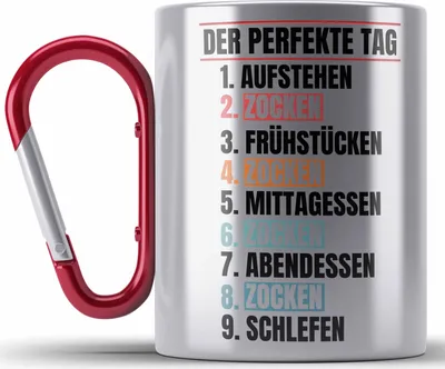 Produktbild von Trendation - Zocker Edelstahl Tasse Karabiner Geschenk Der Perfekte Gaming Tag Gamer Geschenkidee Lustiger Spruch Gaming (Rot)