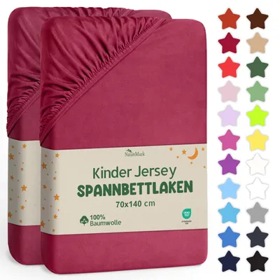 Produktbild von NatureMark Kinder Spannbettlaken 70x140 cm – Weiches Jersey, 100% Baumwolle, 2er Set für Babybett und Kinderbett, Bordeaux Rot